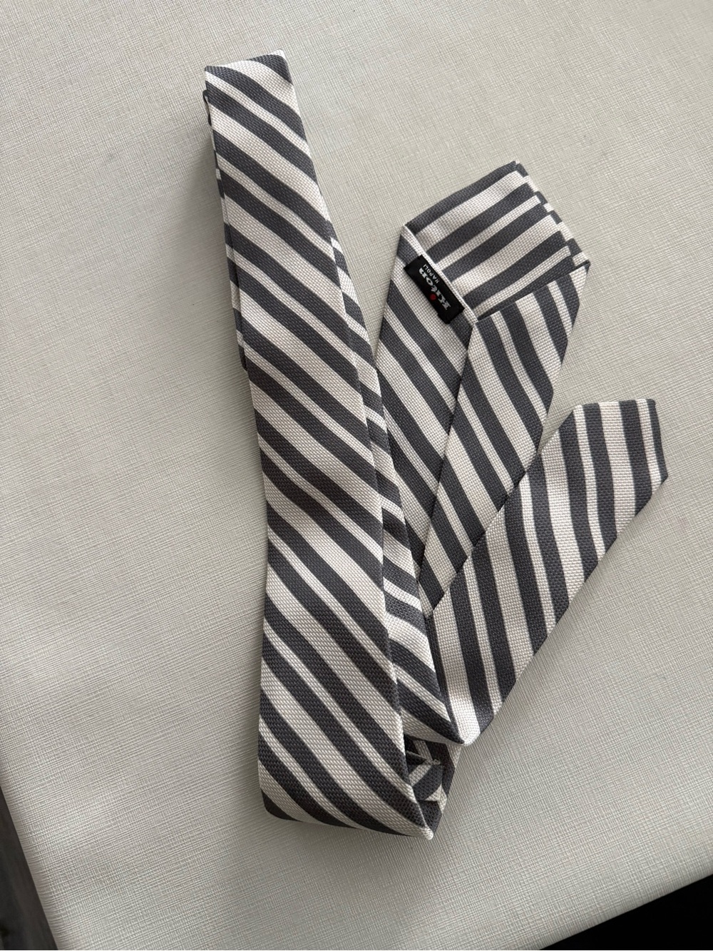Kiton Gray and White Diagonal Striped Silk Tie